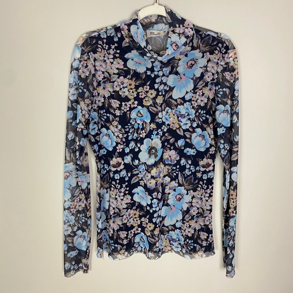 BAUM UND PFERDGARTEN Jodi Floral Mesh Turtleneck Top Sheer Blue Long‎ Sleeve
